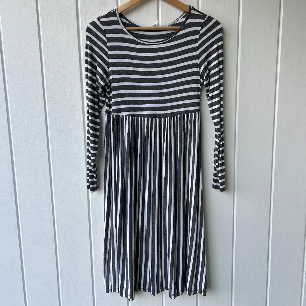 PinkBlush Gray White Striped Long Sleeve Midi Stretchy Maternity Dress - size S